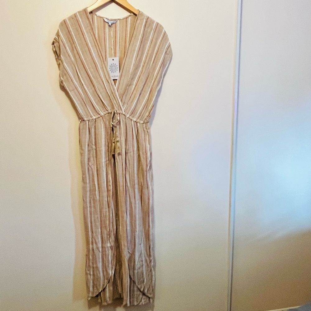 NWT Blue Island Beach Striped Beige Maxi Dress Beach coverup tropical boho sz L